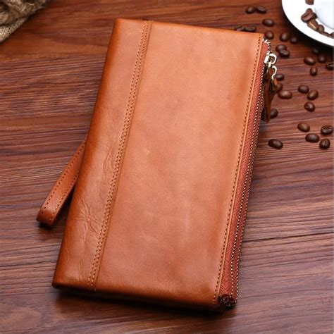 2016 Vintage Men Long double zipper Wallet Genuine Leather wallets Men Long Vertical Wallet ...