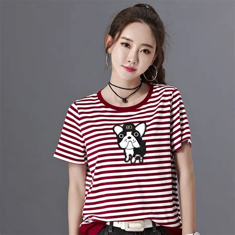 Cute Printed Lady Striped Cotton T Shirts Size M XL New Patchwork ...