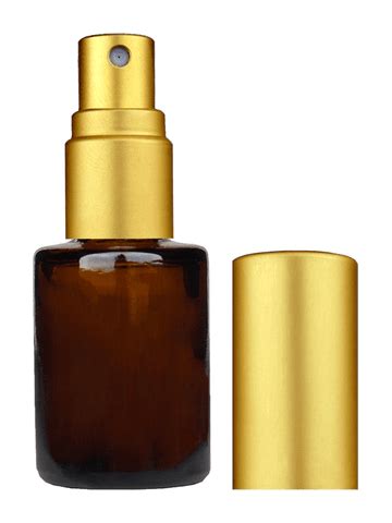 Tulip design 5ml, 1/6 oz Amber glass bottle with matte gold spray. Fine mist sprayer for use ...