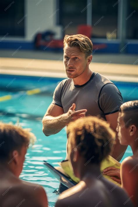 Premium AI Image | a coach providing instructions to water polo players from the poolside