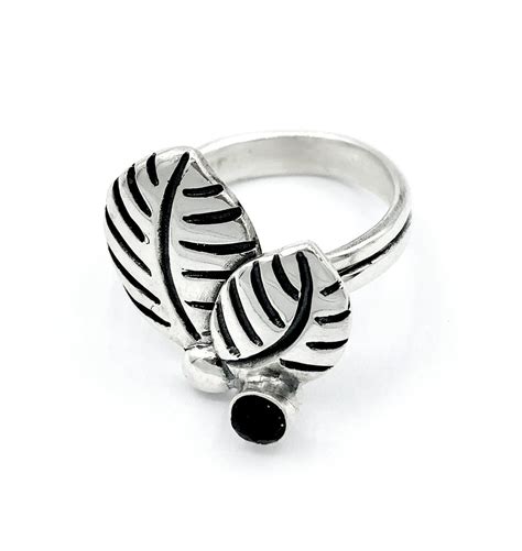 leaves ring, black spinel silver ring, black stone adjustable silver r – Handmade with Love ...