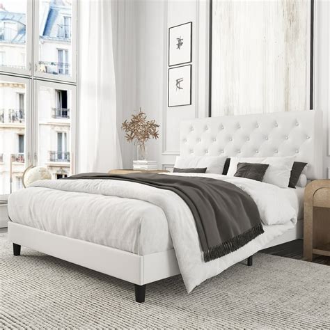 Amolife Queen Bed Frame with Adjustable Faux Leather Headboard, Diamond Button Tufted ...