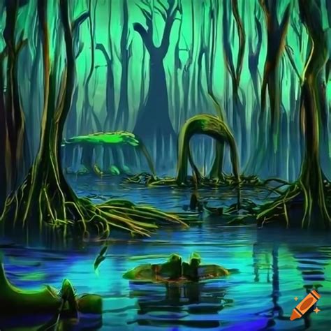 Neon-colored realistic swamp art