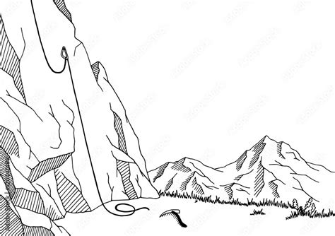 Cliff mountaineering graphic art black white landscape sketch ...