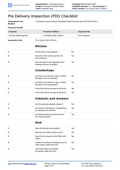 Pre Delivery Inspection Checklist template (new homes, condo, buildings)