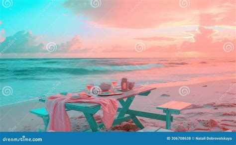 Sea Picnic Experience, Set Up an Outside Table at Sunset on the Beach, in the Style of Pink and ...