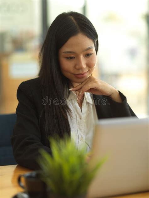 Thoughtful Businesswoman Working with Laptop on the Table in Cafe Stock Image - Image of ...