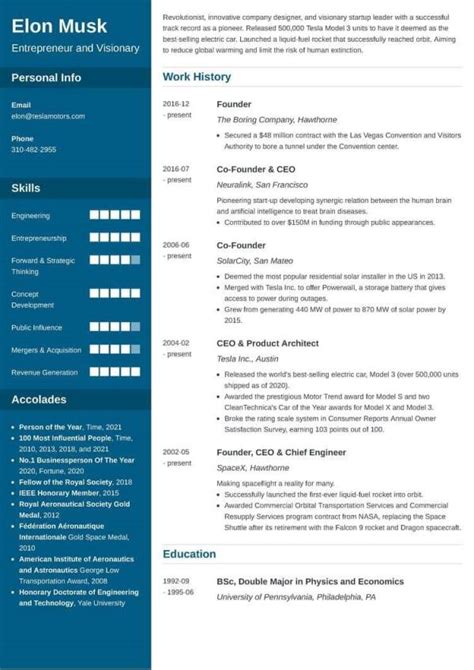 Elon Musk's CEO Resume Example In One Page Enhancv | atelier-yuwa.ciao.jp