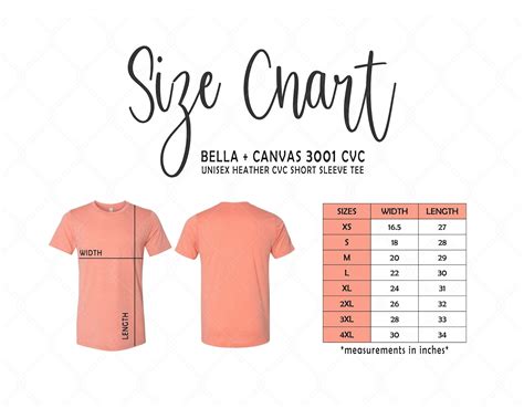 Bella Canvas 3001 Size Chart Bella Canvas T-shirt Size Chart Bella Canvas Sizes Bella and Canvas ...