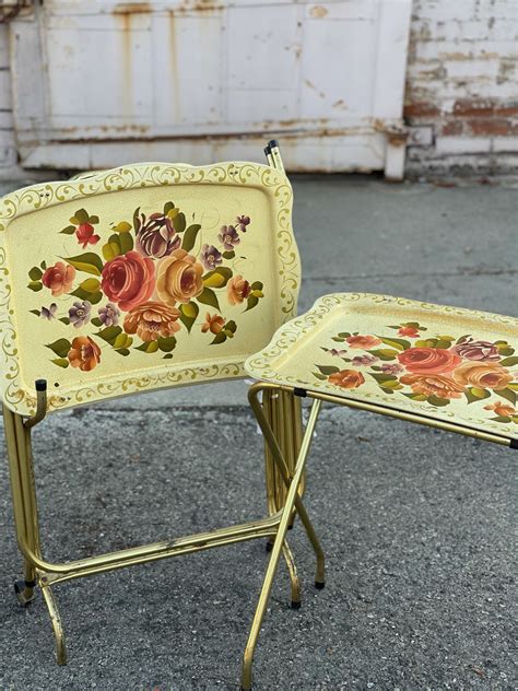 Vintage 50s Floral TV Folding Metal Trays with Stand – Set of 3 – Local ...