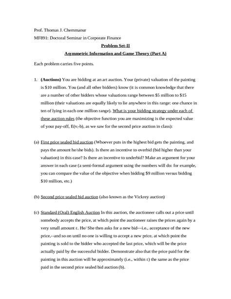 Asymmetric Information and Game Theory - Problem Set II | MF 891 - Docsity