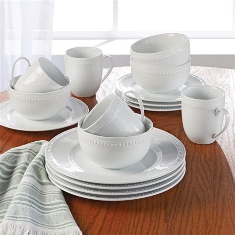 Better Homes & Gardens 16 Piece Sophia Beaded Dinnerware Set, White ...