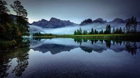 Misty Lake, forest, mountains, nature, reflection, trees, fog, lake ...