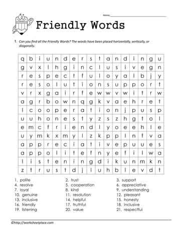 Friendly Words Word Search Worksheets