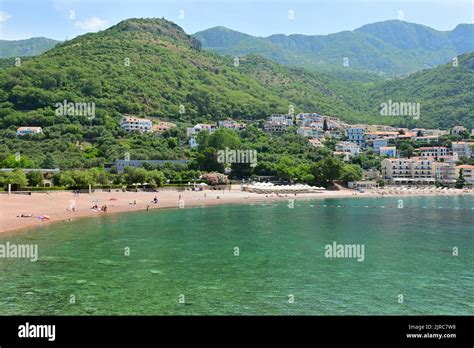 Sveti Stefan, Montenegro - June 6, 2022: Sveti Stefan beach, one of the most beautiful beaches ...