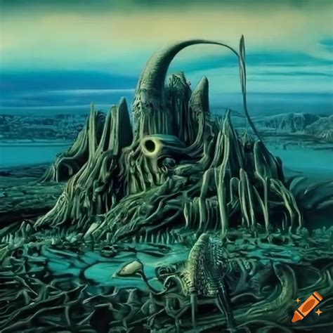 Surreal landscape inspired by roger dean and giger