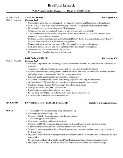 Engineer Tech Resume Samples | Velvet Jobs