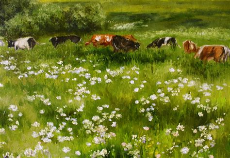 COWS IN PASTURE Landscape Oil Painting Original Cow Painting | Etsy