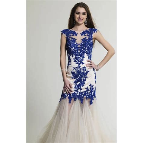 E422 Sexy Sheer Mermaid O Neck Beaded Lace Evening Dress 2017 Royal Blue Birthday Party Dress ...