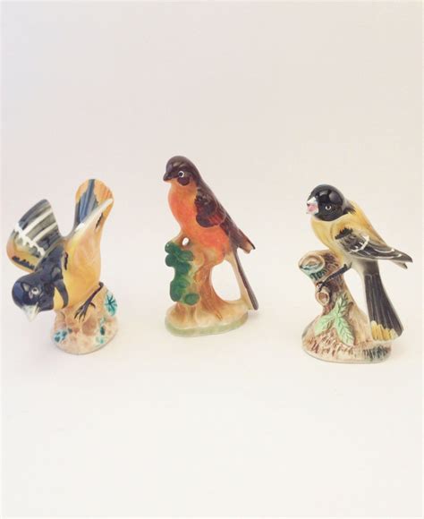 Bird Figurines Vintage Ceramic Birds Orange Yellow Black