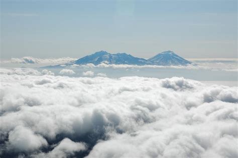 Scenic view of volcanoes Recheshnoi and Vsevidof on southwest Umnak Island.