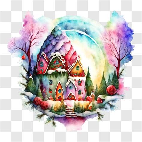 Download Snowy Village Watercolor Painting PNGs Online - Creative Fabrica