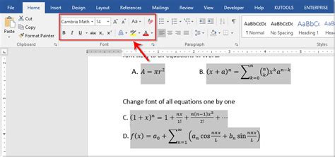 How to change font style of all equations in Word?