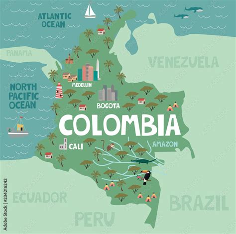 Photo & Art Print Illustration map of Colombia with city, landmarks and ...