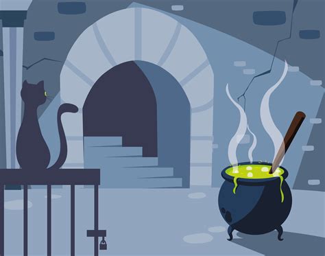 lair scene with black cat and cauldron 667532 Vector Art at Vecteezy