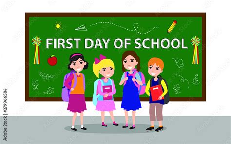 Cartoon kids with backpack in their First Day of School. Back to School ...