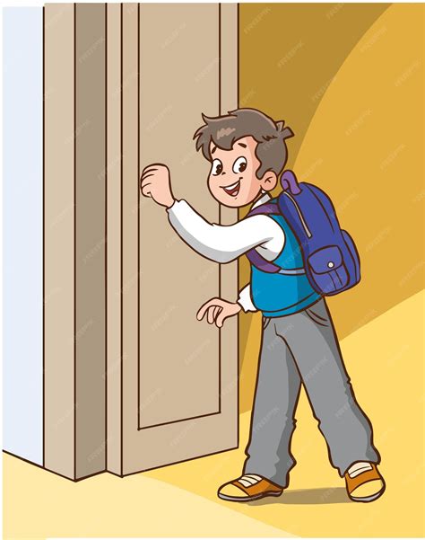 Premium Vector | Student boy knocking on classroom door cartoon vector