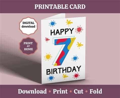 7th Birthday Card, Printable Happy 7th Birthday Card, 7 Year Old ...