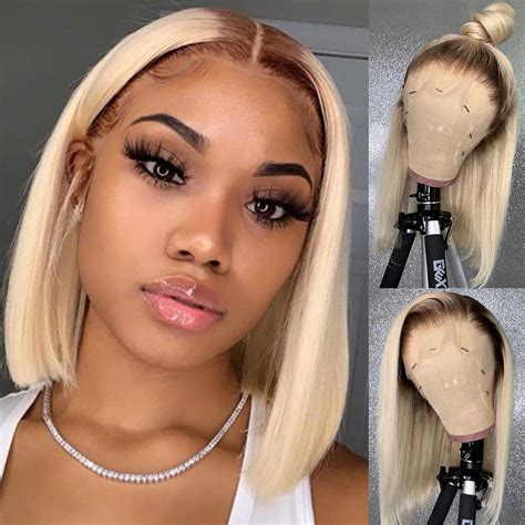 #4 Dark Brown Root/613 Honey Blonde Bob Wig Short Transparent Lace Fro – SULMY