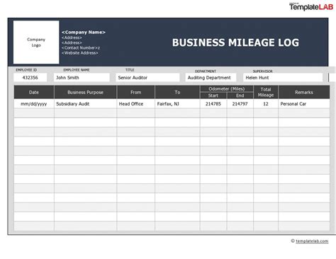 Self Employed Mileage Log Template