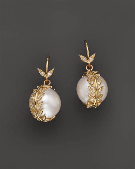 Mizuki 14k Yellow Gold Eternity Feather Diamond And Cultured Freshwater Pearl Earrings in ...