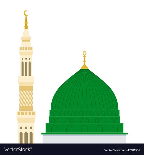 Mosque or masjid al nabawi minaret and green dome Vector Image