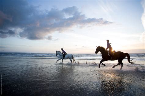 "Women Horse Riding On Beach At Sunset." by Stocksy Contributor "Hugh Sitton" - Stocksy