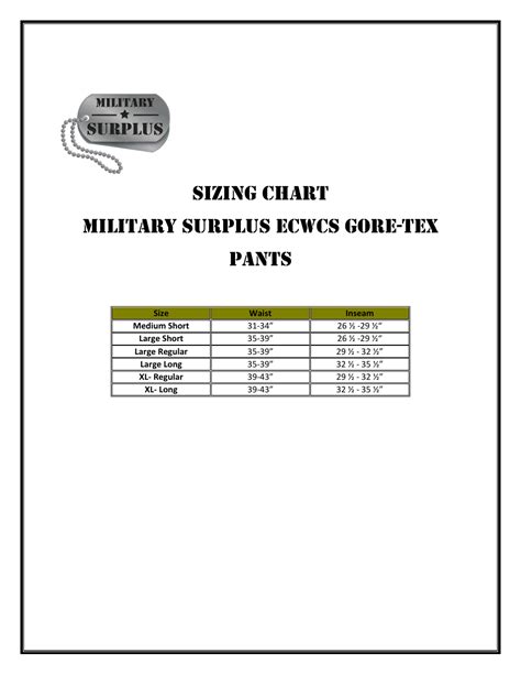 Pants Sizing Chart - Military Surplus Download Printable PDF ...