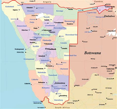 Detailed administrative map of Namibia with all cities and highways ...