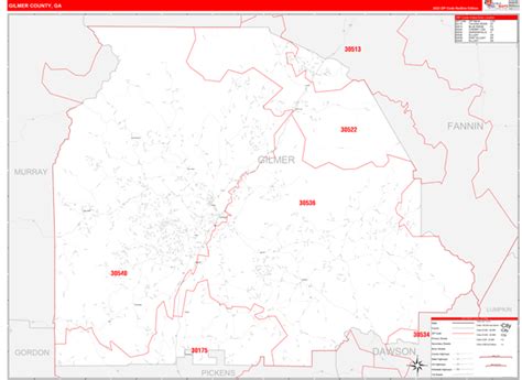 Gilmer County, GA Zip Code Wall Map Red Line Style by MarketMAPS - MapSales