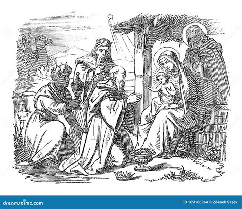 Vintage Drawing of Biblical Story of Three Wise Men or Kings Visiting Newborn Jesus in Bethlehem ...