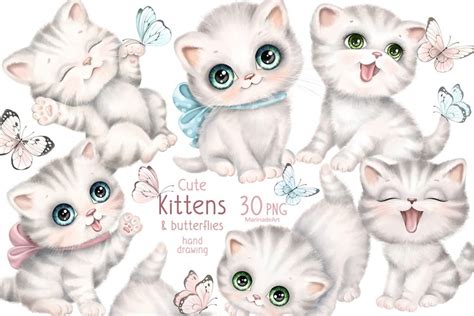 Cute Kitten Clipart, Tabby Baby Cat PNG, White Kitty Cat