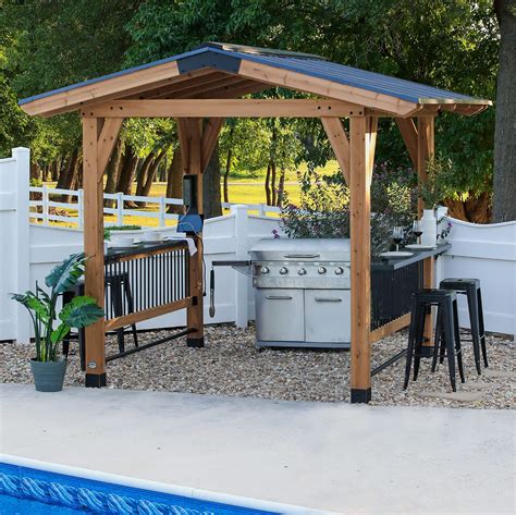 Backyard Discovery Saxony Wooden Grill Gazebo, Insulated Steel Roof, Cook Station, Barbeque ...