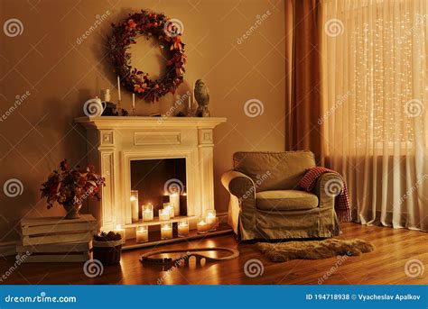 Cozy Fireplace with Armchair. Interior in a Cozy House Stock Photo - Image of design, decoration ...