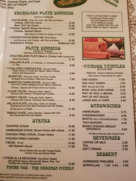 Menu at Rosie's Tamale House restaurant, Bee Cave, State Hwy 71