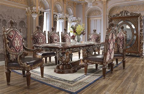 HD 1804 Homey Design Long Dining Table Victorian Style Burl & Metallic Antique Gold