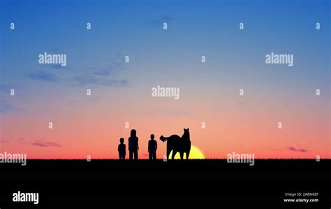 Family silhouette at Sunset 3D Rendering Stock Photo - Alamy