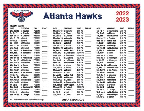 Printable 2022-2023 Atlanta Hawks Schedule