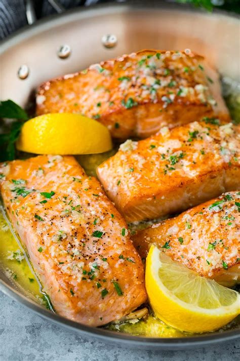 Pan seared salmon fillets in garlic butter sauce. | Fried salmon recipes, Salmon fillet recipes ...