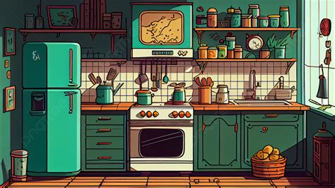 Kitchen Green Cartoon Illustration Background, Kitchen, Green, Kitchen ...